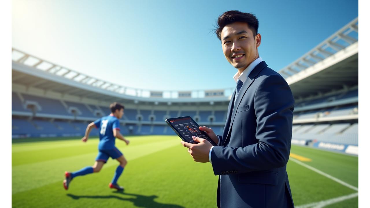 힘차게 달리는 축구 선수와 그를 응원하는 에이전트의 모습
